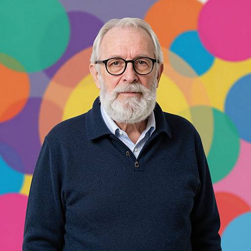 Photograph of an elderly white man with white hair, black-rimmed glasses, and full white beard, wearing a black sweater over a white coll