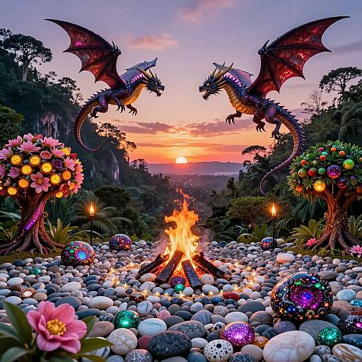 Photograph-style digital art: Two glowing purple dragons with red wings frame a sunset over a rocky fire pit adorned with multicolored eggs, glowing orbs