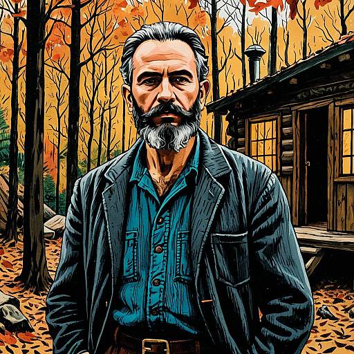 Bearded Man in Autumn Forest Cabin Illustration