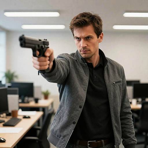 Intense Man Pointing Gun in Office