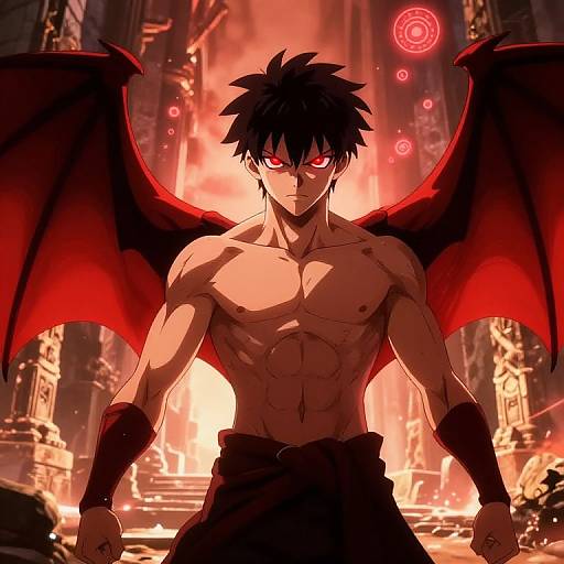 Digital anime artwork of a muscular, shirtless male demon with red wings and glowing red eyes, standing in a fiery, ruins-filled background.