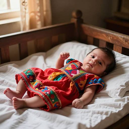 Photograph of a cute baby with dark hair, lying on a white bed, wearing a vibrant red dress with colorful embroidery, in a sunlit wooden