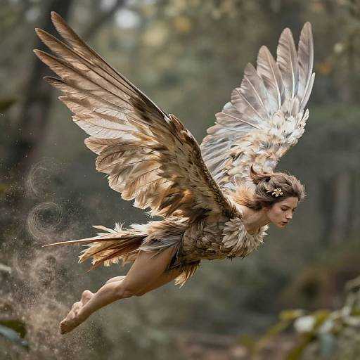 Photorealistic CGI of a woman with angelic, feathered wings mid-flight in a forest, sunlight illuminating her detailed brown and white plumage