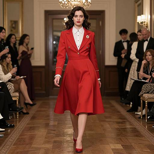 Photograph of a confident woman with dark hair, wearing a vibrant red, long-sleeve, knee-length coat dress and matching red heels, walking