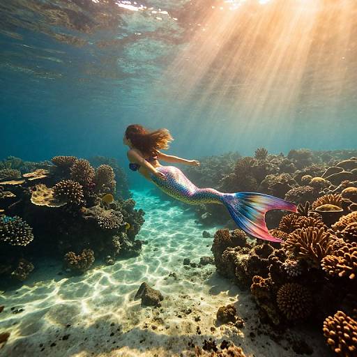 Photograph of a colorful mermaid with a shimmering blue and purple tail, swimming underwater amidst vibrant coral reefs, illuminated by sun rays streaming from above