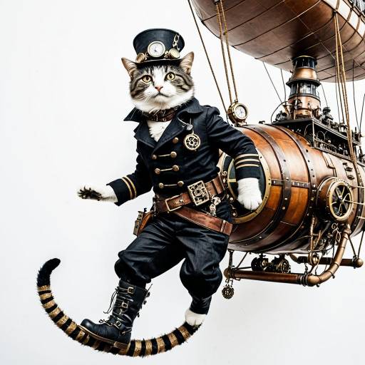 Steampunk Cat Engineer with Airship