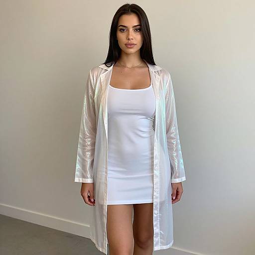 Photograph of a dark-haired woman with olive skin, wearing a white mini dress and a shiny, transparent raincoat, standing against a plain white wall