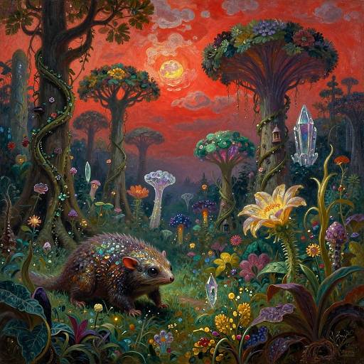 Vibrant fantasy forest at sunset, featuring a glowing porcupine, colorful mushrooms, glowing flowers, and a luminescent crystal cave, surrounded
