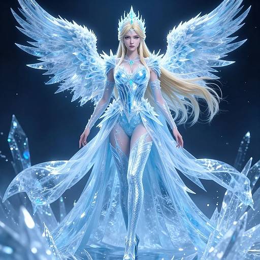 Digital art of a blonde angelic woman with glowing white wings and ice-blue dress, standing in a dark, icy landscape.