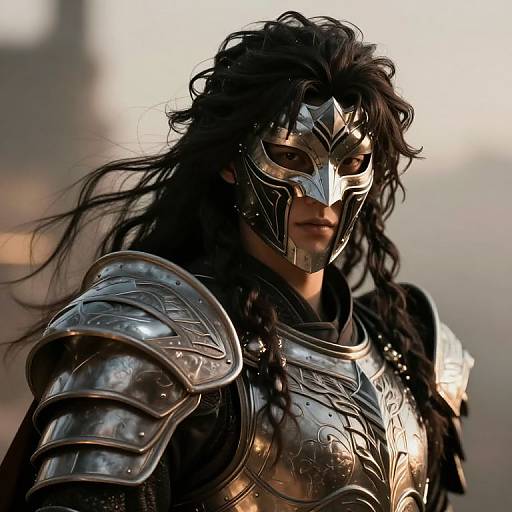 Photorealistic CGI of Wonder Woman with long black hair, wearing detailed silver armor and metallic mask, illuminated by soft sunlight.