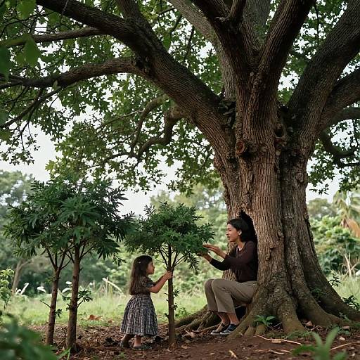 Photograph of a mother and daughter under a large tree, planting small saplings; mother sits, daughter kneels, both smiling, surrounded by green