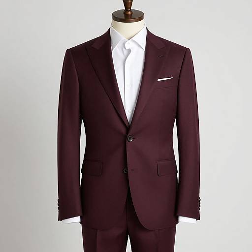 Photograph of a dark burgundy, single-breasted suit with a white dress shirt and tie, displayed on a wooden mannequin against a plain
