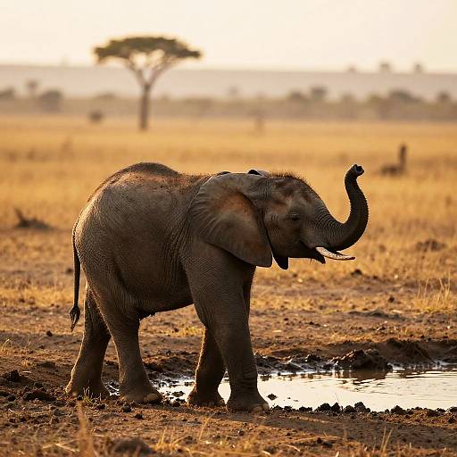 Photograph of a young African elephant standing in a muddy savanna, raising its trunk, with a blurred tree and sunset in the background.