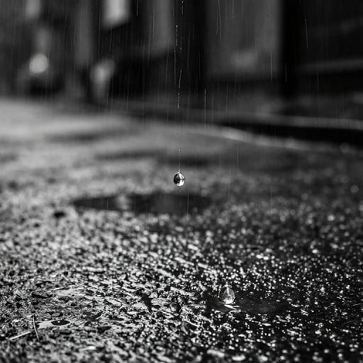 Black-and-white photograph of a single raindrop hitting a wet, glistening, textured pavement, with blurred, darkened background.