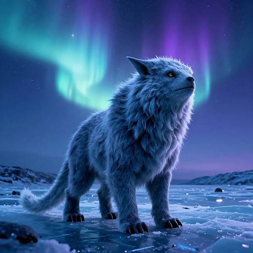 Digital artwork of a blue, fluffy wolf standing on icy terrain under vibrant, colorful northern lights with a starry night sky.