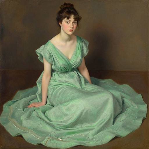 A classical painting of a fair-skinned woman with dark hair in a green, off-shoulder, flowing gown, seated against a dark background.