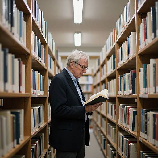 Photograph of an elderly white man with gray hair and glasses, wearing a black suit, reading a book in a long, well-lit library aisle