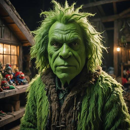 Whimsical Grinch in a Cluttered Attic