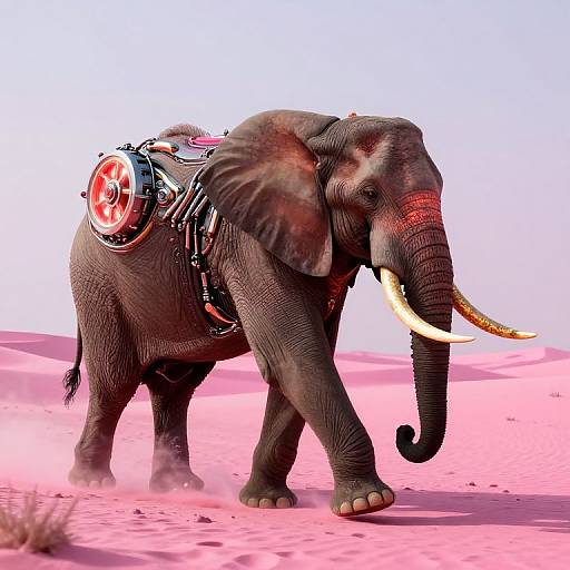 Photograph of a cybernetic elephant with glowing red eyes, white tusks, and a red star on its back, walking in a pink desert