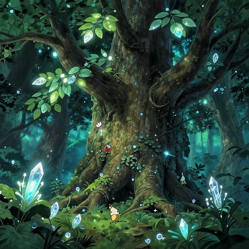 Whimsical forest scene: Glowing crystals and fairy lights surround a massive, moss-covered tree with a tiny red-capped fairy and yellow chick nestled