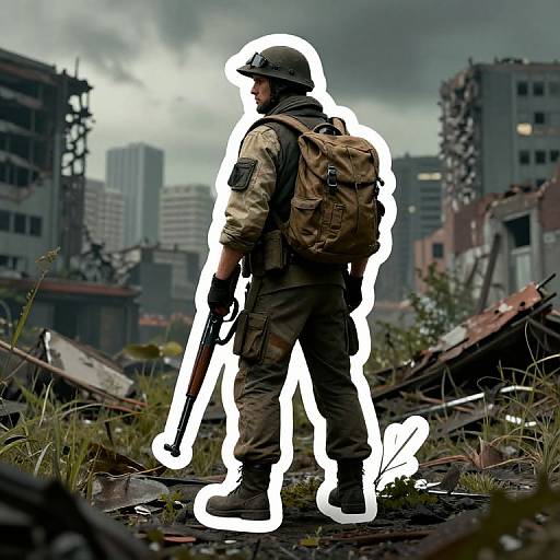 Photograph of a soldier in camo gear, helmet, and backpack, holding a rifle, outlined in white, in a post-apocalyptic urban ruin