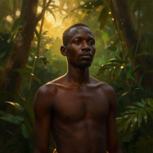 Photorealistic digital art of a muscular, shirtless Black man with a serious expression, standing in a lush, sunlit jungle.