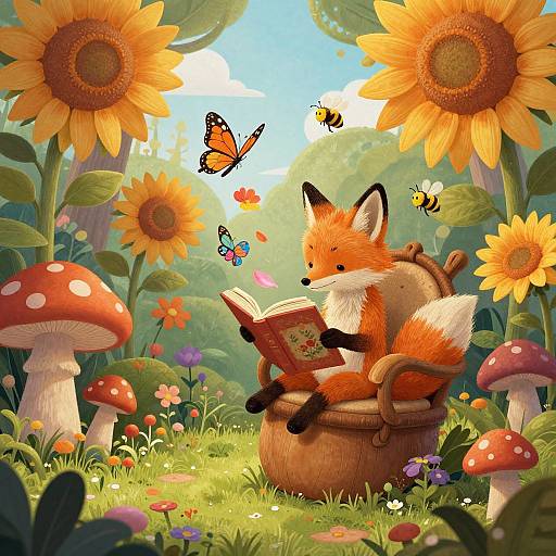 Vibrant digital illustration of a fox reading a book in a sunlit, whimsical meadow with giant sunflowers, mushrooms, and butterflies.