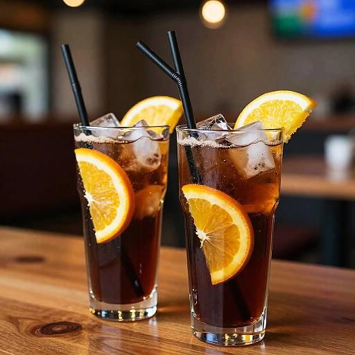 Photograph of two dark iced drinks with orange slices and black straws on a wooden bar counter, with a blurred background.