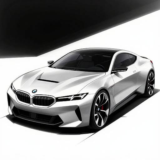 Digital art of a sleek, silver BMW sports car with black accents, sharp lines, and high-performance wheels, set against a stark white and black background