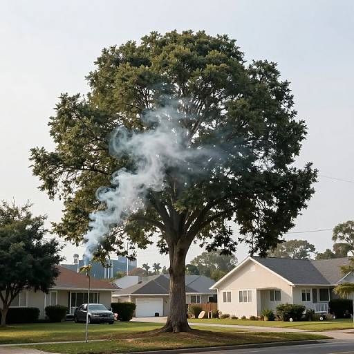 Photograph of a large, smoke-filled tree in a suburban neighborhood with a white house, lawn, and parked cars in the background.