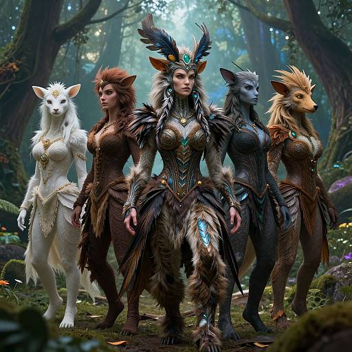 Fantasy forest scene with four anthropomorphic female creatures in elaborate, feathered, and metallic armor standing confidently, each with distinct fur colors and headpieces