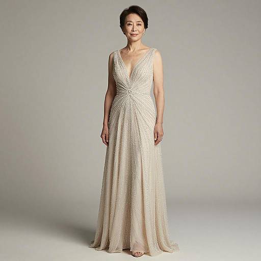 Photograph of an elegant Asian woman with short black hair, wearing a sparkling, sleeveless, deep V-neck, ivory gown, standing against a plain