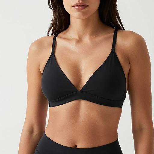 Photograph of a woman with light brown skin, straight dark brown hair, wearing a black sports bra and matching high-waisted bottoms, against a