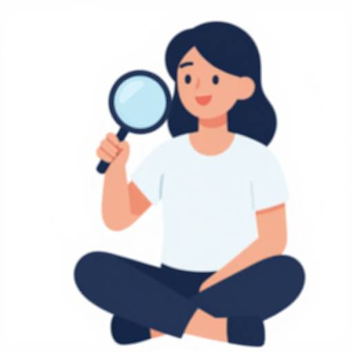Digital illustration of a smiling woman with black hair, wearing a white shirt and black pants, sitting cross-legged and holding a magnifying glass.