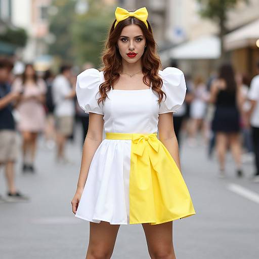 Photograph of a woman with wavy brown hair, red lipstick, white puffed-sleeve blouse, yellow skirt, yellow bow headband,