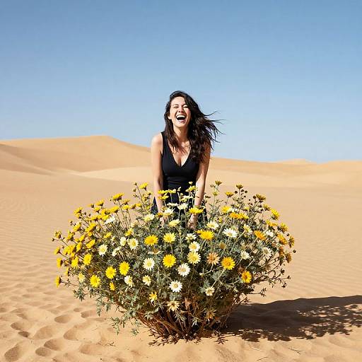 Smiling woman in black dress stands joyfully in sunlit desert, surrounded by large bouquet of yellow and white daisies.