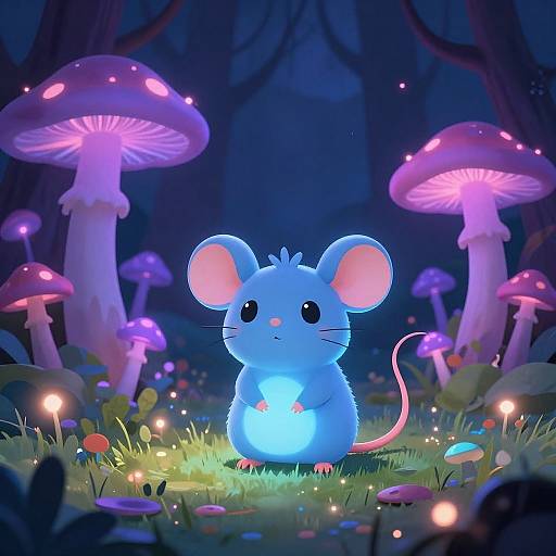 Digital illustration: Adorable glowing blue mouse with large pink ears and tail, standing in a magical forest of bioluminescent mushrooms.