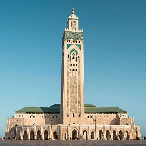 Photograph of a tall, intricately patterned mosque with a green-tiled roof and central minaret, set against a clear blue sky.