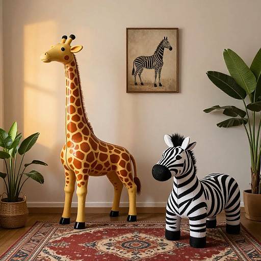 Photograph of a safari-themed room with a giraffe and zebra plush toy, potted plants, and a zebra painting on a white wall