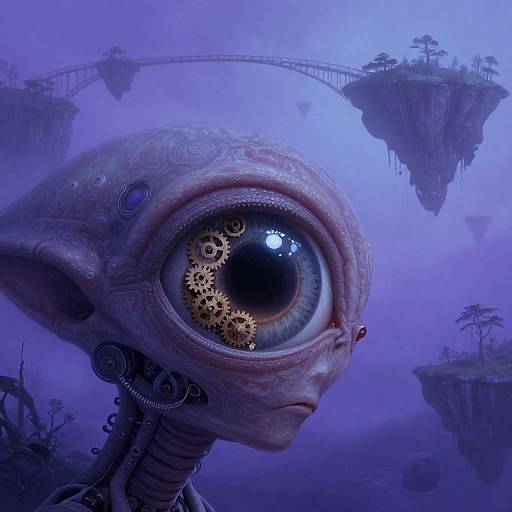 Digital art: Close-up of a detailed, textured, alien-like creature with a large, intricate, gear-filled eye, set against a mystical, fog