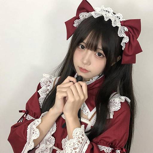Shy Woman in Red and White Lace Cosplay