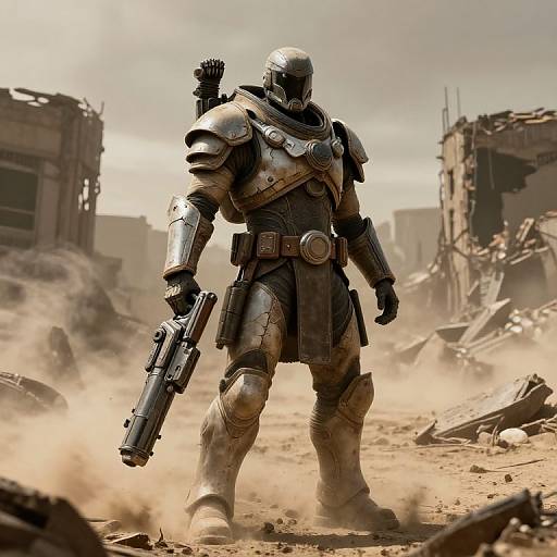 Photorealistic CGI of a heavily armored futuristic warrior with a gun, standing in a dusty, war-torn urban ruin.