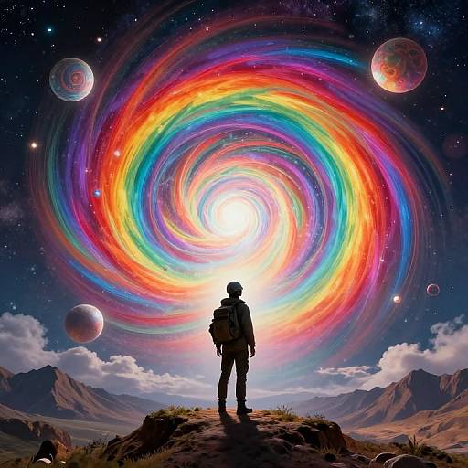Silhouetted figure with backpack stands on rocky terrain, gazing at vibrant, colorful, swirling galaxy with radiant sun at center, surrounded by planets