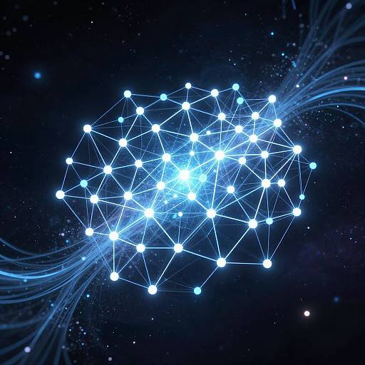 Digital artwork of a glowing blue network of interconnected white dots against a dark, starry background with wavy, light blue lines.