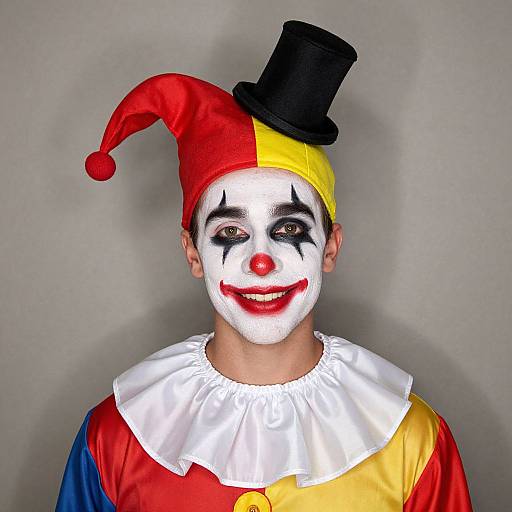 Photograph of a child in a colorful clown costume with white face paint, red nose, black eye makeup, red and yellow jester hat, black