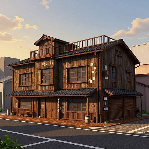 Digital art of a two-story wooden house with dark brown panels, large windows, and a tiled roof, set on a street corner at sunset.