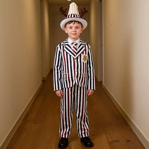Photograph of a young boy in a hallway, wearing a white hat with antlers, black-and-white striped suit, and black shoes.