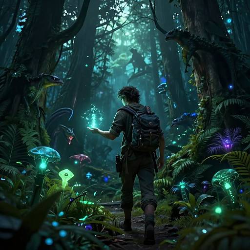 Explorer in Enchanted Bioluminescent Forest