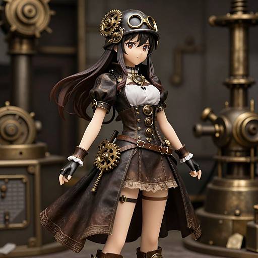 Anime-style digital illustration of a young woman with long black hair, steampunk outfit, including goggles and gear-adorned hat, standing in a