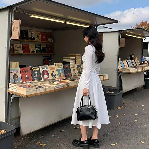Woman Browsing Vintage Books at Outdoor Stall